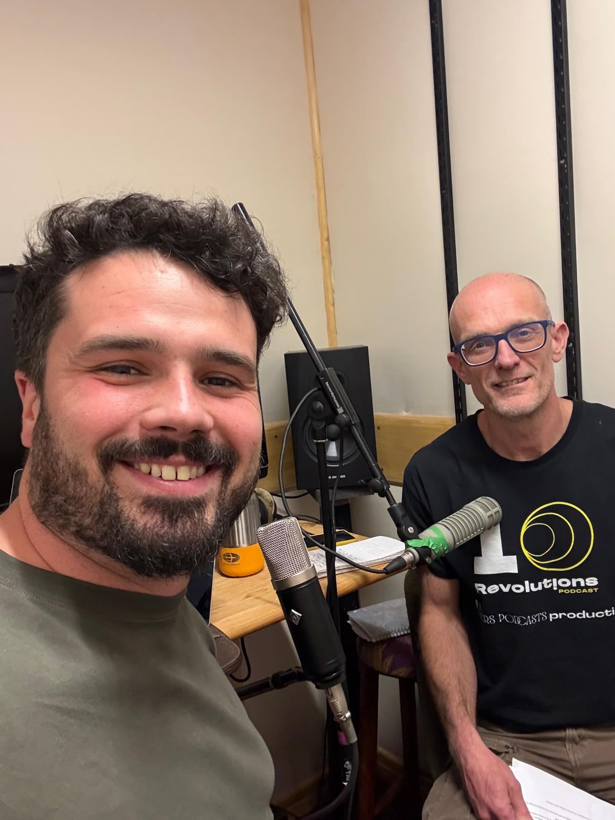 Jeff Slater and Mark King in the studio recording 10 Revolutions